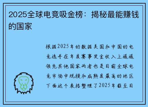 2025全球电竞吸金榜：揭秘最能赚钱的国家